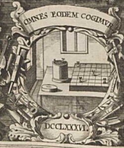 Ornate oval engraving with a banner and Roman numeral DCCLXXXVI at the bottom, framing a simple room scene with a table, a board game, and a cup seen through a window.