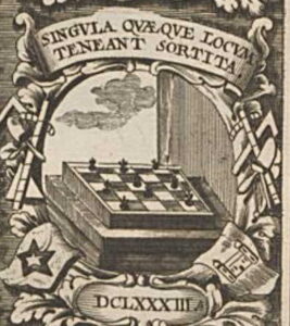 Ornate engraving of a chessboard on a pedestal, set inside a decorative crest with scrollwork and banners.