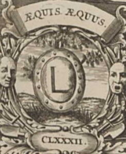 Ornate heraldic emblem featuring a circular shield with the letter L, flanked by two figures, a banner above reads 'LOVIS EQUIS' and a Roman numeral inscription 'CLXXXII' below.