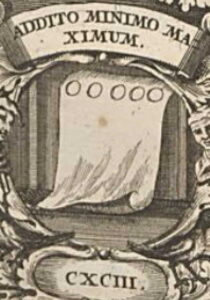 Ornate heraldic seal featuring a parchment scroll with five circular marks, surrounded by decorative filigree and a bottom roman numeral CXCIII.